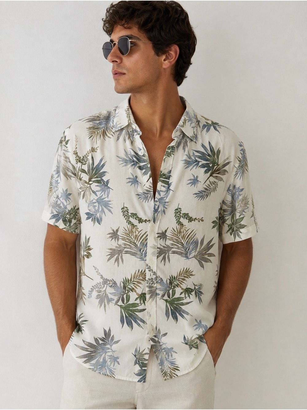 Denim & Flower Men's Short Sleeve Button-Down Shirt - White, Green, Blue